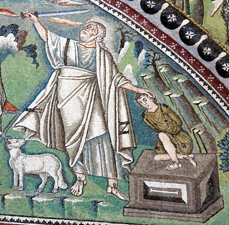 亚伯拉罕的热情好客和牺牲的马赛克 Mosaic of the Hospitality and Sacrifice of Abraham (c.547)，拜占庭马赛克