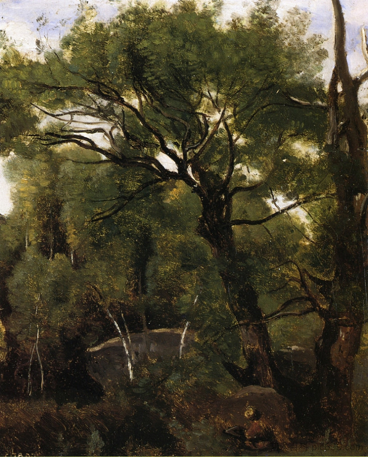 枫丹白露森林中的艺术家绘画 An Artist Painting in the Forest of Fountainebleau (1850 - 1855)，卡米耶·柯罗