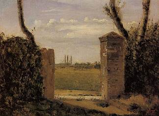 鲁昂附近的博伊-纪尧米。两旁是两根柱子的大门 Boid-Guillaumi, near Rouen. A Gate Flanked by Two Posts (c.1822)，卡米耶·柯罗