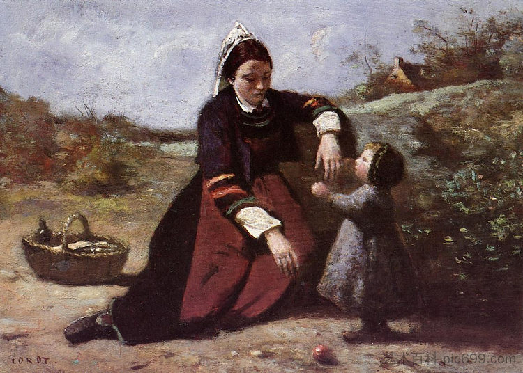 布列塔尼女人和她的小女孩 Breton Woman and her Little Girl (c.1855 - c.1865)，卡米耶·柯罗