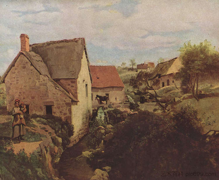 河岸上的磨坊小屋 Cabins with Mill on the River Bank (1831)，卡米耶·柯罗