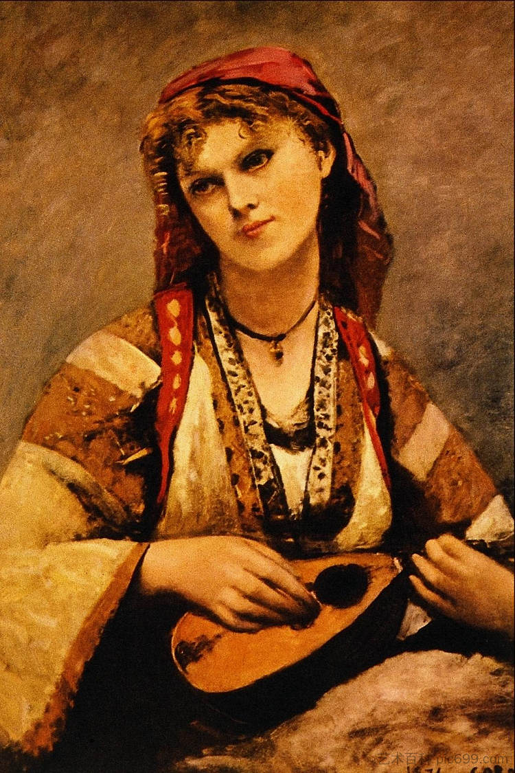 克里斯汀·尼尔森（Christine Nilson），或《波西米亚人与曼陀林》（The Bohemian with a Mandolin） Christine Nilson, or The Bohemian with a Mandolin (1874)，卡米耶·柯罗