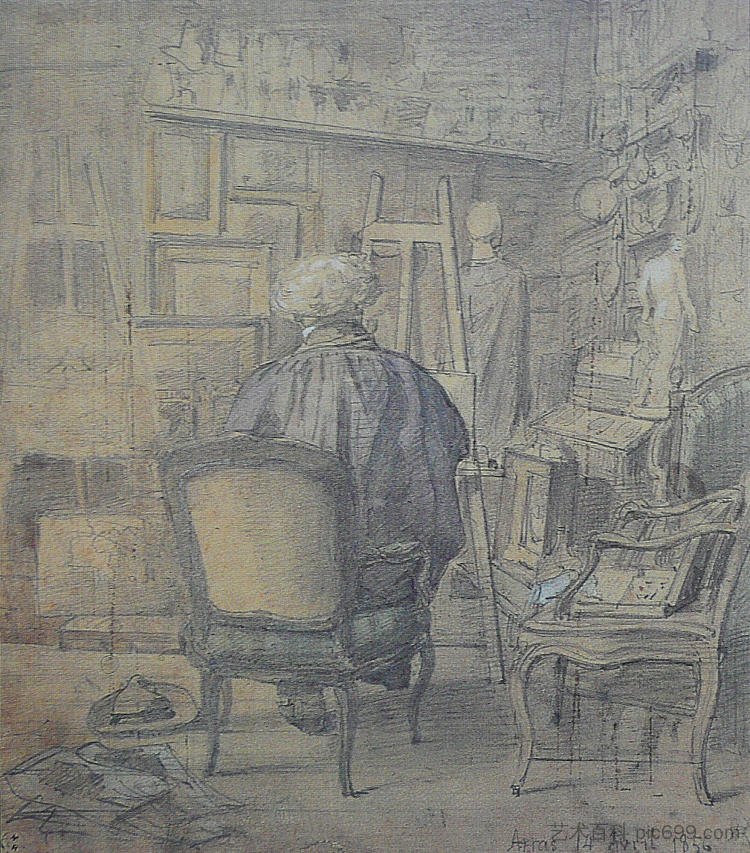 康斯坦特杜蒂勒工作室的柯罗 Corot in the Studio of Constant Dutilleux (1856)，卡米耶·柯罗