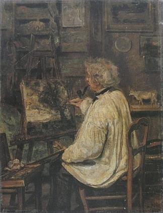 柯罗在他朋友的工作室里画画，画家康斯坦特·杜蒂耶 Corot Painting in the Studio of his Friend, Painter Constant Dutilleux (1871)，卡米耶·柯罗