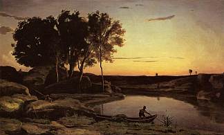 傍晚风景（摆渡人，傍晚） Evening Landscape (The Ferryman, Evening) (1839)，卡米耶·柯罗