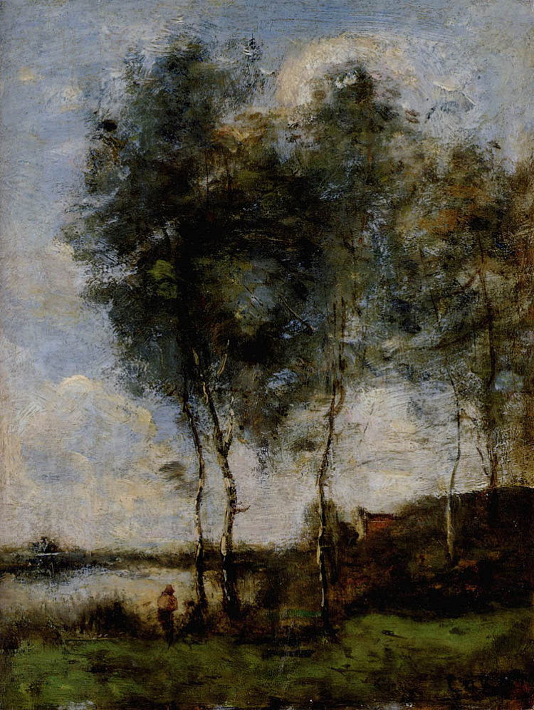 河岸边的渔夫 Fisherman at the River Bank (c.1860 - c.1865)，卡米耶·柯罗