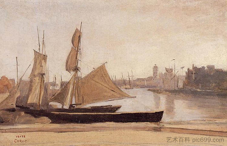 拴在码头上的渔船 Fishing Boats Tied to the Wharf (c.1829 - c.1830)，卡米耶·柯罗