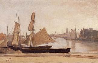 拴在码头上的渔船 Fishing Boats Tied to the Wharf (c.1829 – c.1830)，卡米耶·柯罗