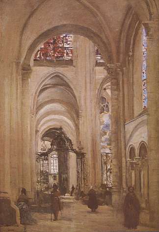 圣艾蒂安大教堂内部，桑斯 Interior of the Cathedral of St. Etienne, Sens (c.1874)，卡米耶·柯罗