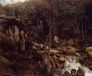 洛梅斯，一个站立的农民的瀑布，纺羊毛 Lormes, A Waterfall with a Standing Peasant, Spinning Wool (1842)，卡米耶·柯罗