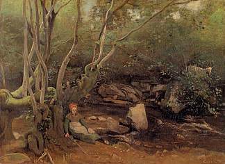 洛尔梅斯牧羊女坐在溪边的树下 Lormes Shepherdess Sitting under Trees beside a Stream (1842)，卡米耶·柯罗