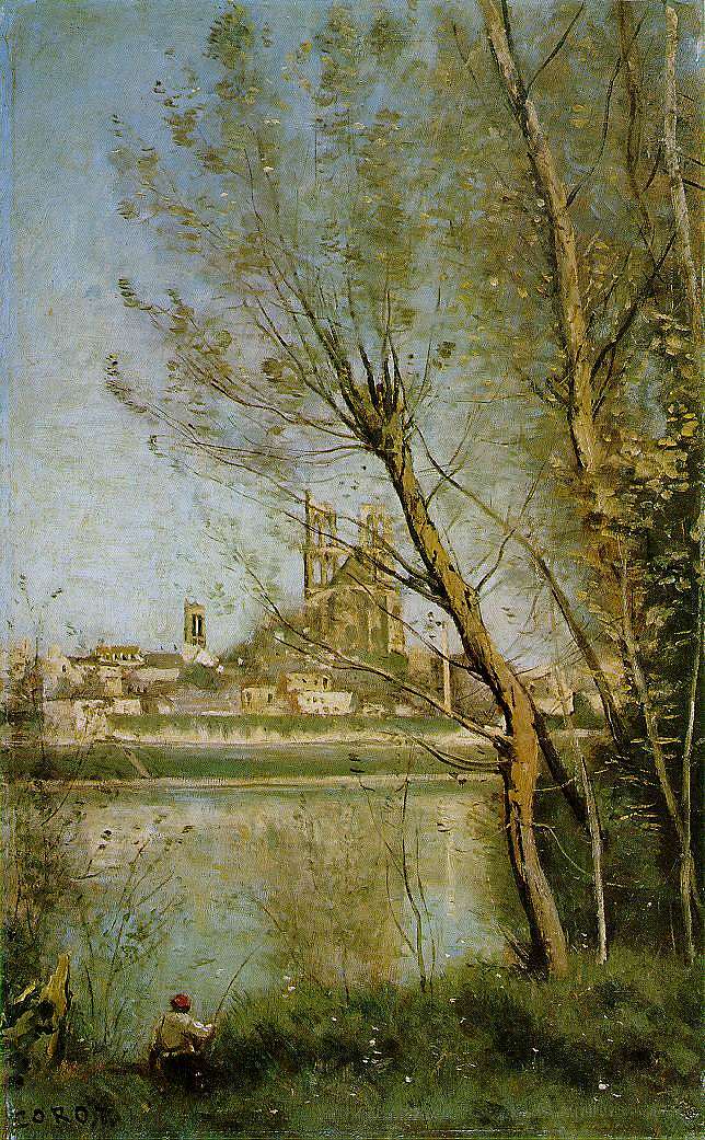 曼特斯，透过树木欣赏大教堂和城镇的景色 Mantes, View of the Cathedral and Town through the Trees (1865 - 1869)，卡米耶·柯罗