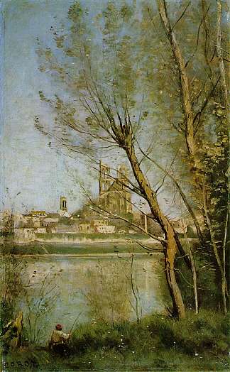 曼特斯，透过树木欣赏大教堂和城镇的景色 Mantes, View of the Cathedral and Town through the Trees (1865 – 1869)，卡米耶·柯罗