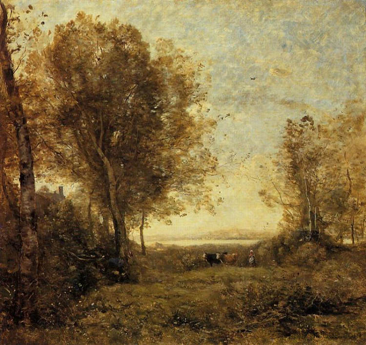 早晨，女人听到奶牛的声音 Morning, Woman Hearding Cows (c.1860 - c.1865)，卡米耶·柯罗
