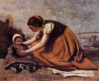 海滩上的母亲和孩子 Mother and Child on the Beach (1860)，卡米耶·柯罗