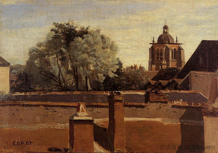 奥尔良，从窗户俯瞰圣彼得纳塔 Orleans, View from a Window Overlooking the Saint Peterne Tower (c.1830)，卡米耶·柯罗