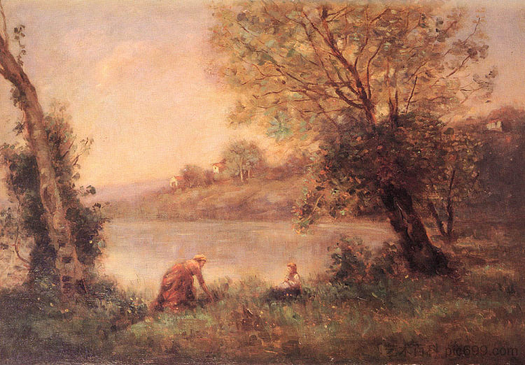 来自Ville d'Avray的农民和她的孩子在池塘岸边的两棵树中 Peasant from Ville d'Avray and her Child among Two Trees at the Bank of a Pond,卡米耶·柯罗