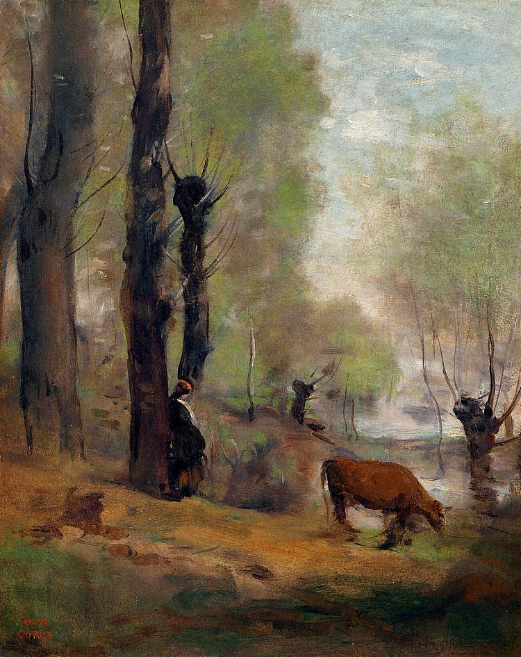 给牛浇水的农妇 Peasant Woman Watering Her Cow (c.1865 - c.1870)，卡米耶·柯罗