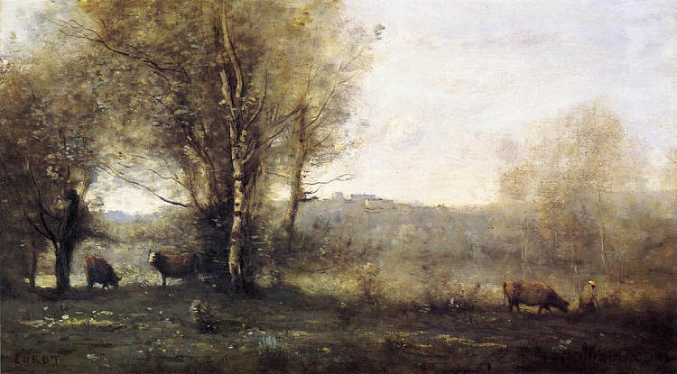 有三头奶牛的池塘(Ville d'Avray的纪念品) Pond with Three Cows (Souvenir of Ville d'Avray) (c.1855 - c.1860),卡米耶·柯罗