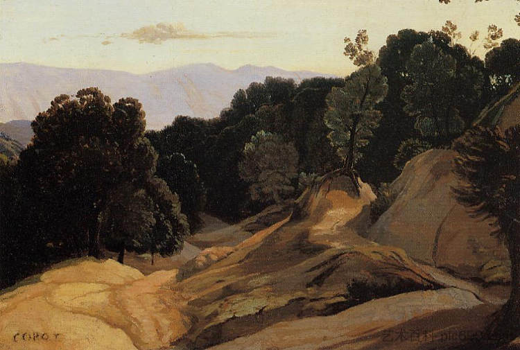 穿越树木繁茂的山脉的道路 Road through Wooded Mountains (c.1830 - c.1835)，卡米耶·柯罗