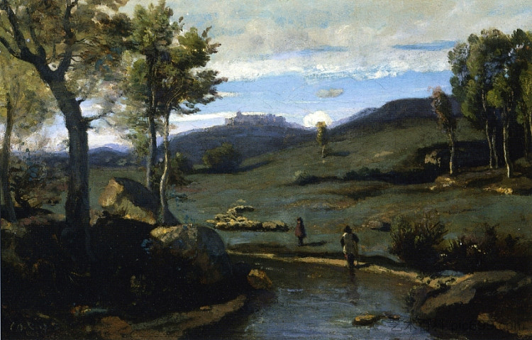 罗马乡村岩石谷与一群猪 Roman Countryside Rocky Valley with a Herd of Pigs (1827 - 1828)，卡米耶·柯罗