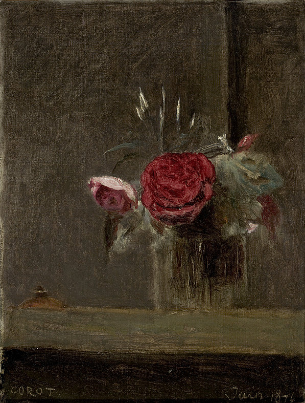 玻璃杯中的玫瑰 Roses in a Glass (1874)，卡米耶·柯罗