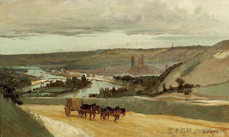 从俯瞰城市的山上看到鲁昂 Rouen Seen from Hills Overlooking the City (c.1829 - c.1834)，卡米耶·柯罗