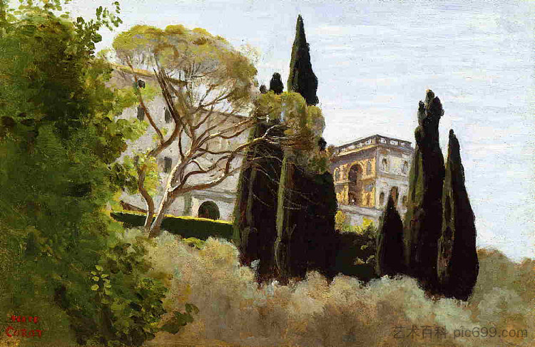 蒂沃利埃斯特别墅的外墙，从花园看 The Facade of the Villa d Este at Tivoli, View from the Gardens (1843)，卡米耶·柯罗