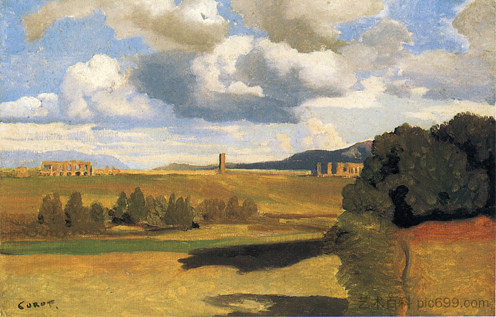 罗马坎帕尼亚与克劳迪安渡槽 The Roman Campagna with the Claudian Aqueduct (1826 - 1828)，卡米耶·柯罗