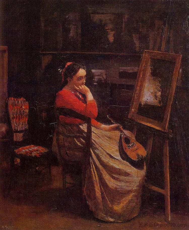 工作室（拿着曼陀林的年轻女子） The Studio (Young Woman with a Mandolin) (c.1865 - c.1866)，卡米耶·柯罗