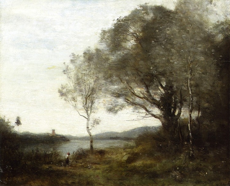 在池塘周围散步 The Walk around the Pond (c.1865 - c.1870)，卡米耶·柯罗
