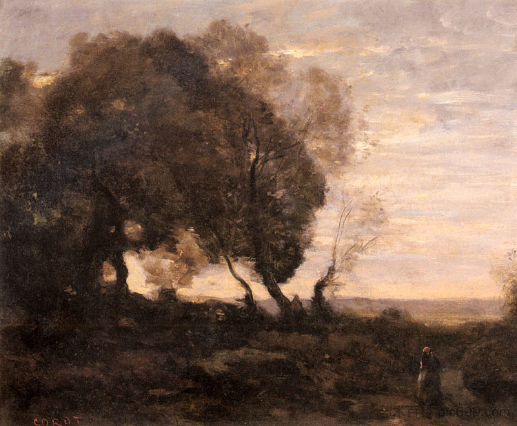 山脊上扭曲的树木（日落） Twisted Trees on a Ridge (Sunset) (c.1865 - c.1870)，卡米耶·柯罗