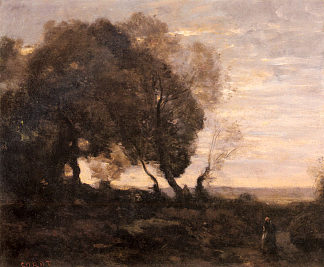 山脊上扭曲的树木（日落） Twisted Trees on a Ridge (Sunset) (c.1865 – c.1870)，卡米耶·柯罗