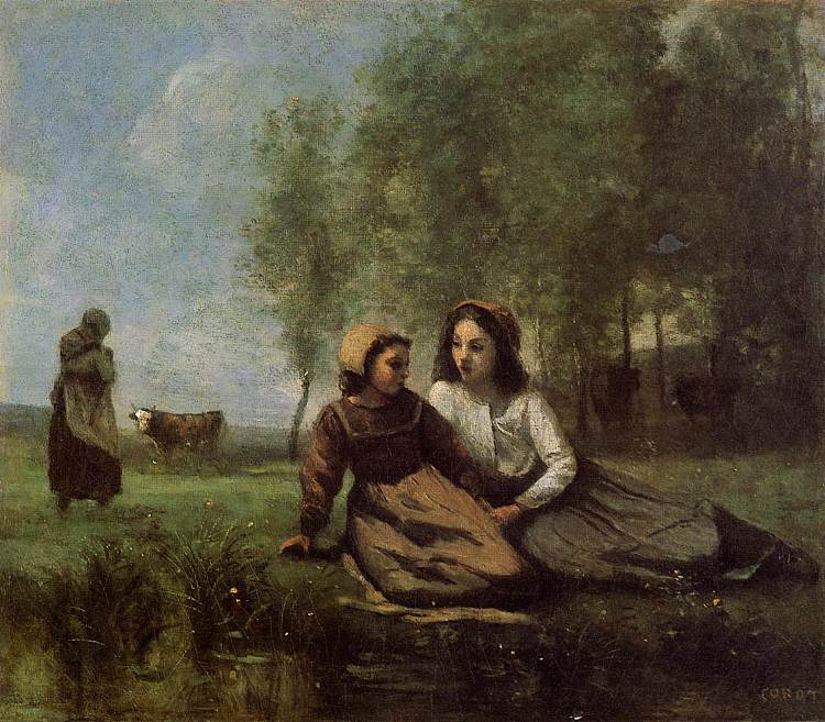 两个牛郎在水边的草地上 Two Cowherds in a Meadow by the Water (c.1850 - c.1855)，卡米耶·柯罗