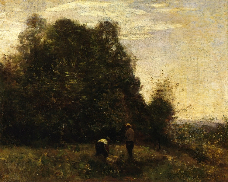 两个在田间劳作的人物 Two Figures Working in the Fields,卡米耶·柯罗