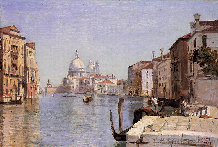 威尼斯 - 坎波德拉卡里塔朝向礼炮圆顶的景色 Venice - View of Campo della Carita looking towards the Dome of the Salute (1834)，卡米耶·柯罗