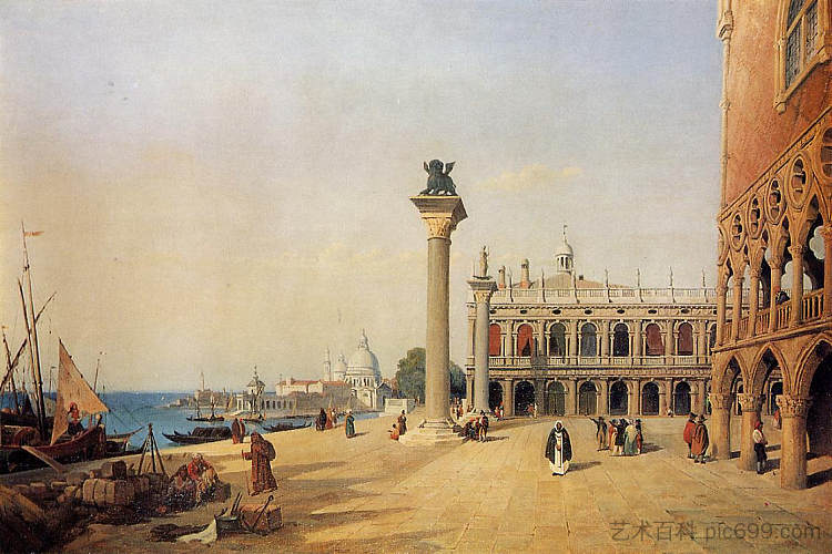 威尼斯埃斯克拉文斯码头景观 Venice View of the Esclavons Quay (1834)，卡米耶·柯罗