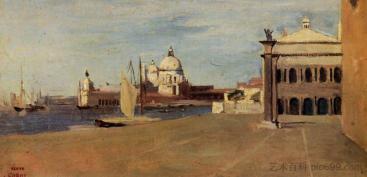 威尼斯大运河的景色，从里瓦德利斯齐亚沃内 View of the Grand Canal, Venice, from the Riva degli Schiavone (1828)，卡米耶·柯罗