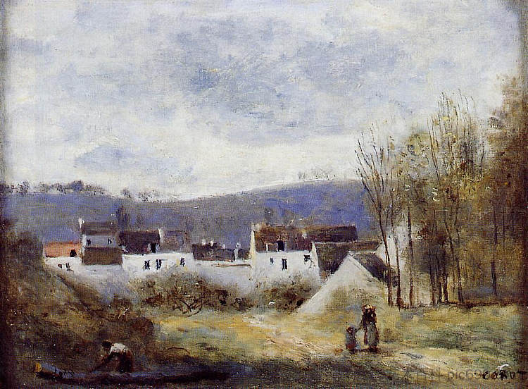 山脚下的村庄，法兰西岛 Village at the Foot of a Hill, Ile de France (c.1855 - c.1860)，卡米耶·柯罗
