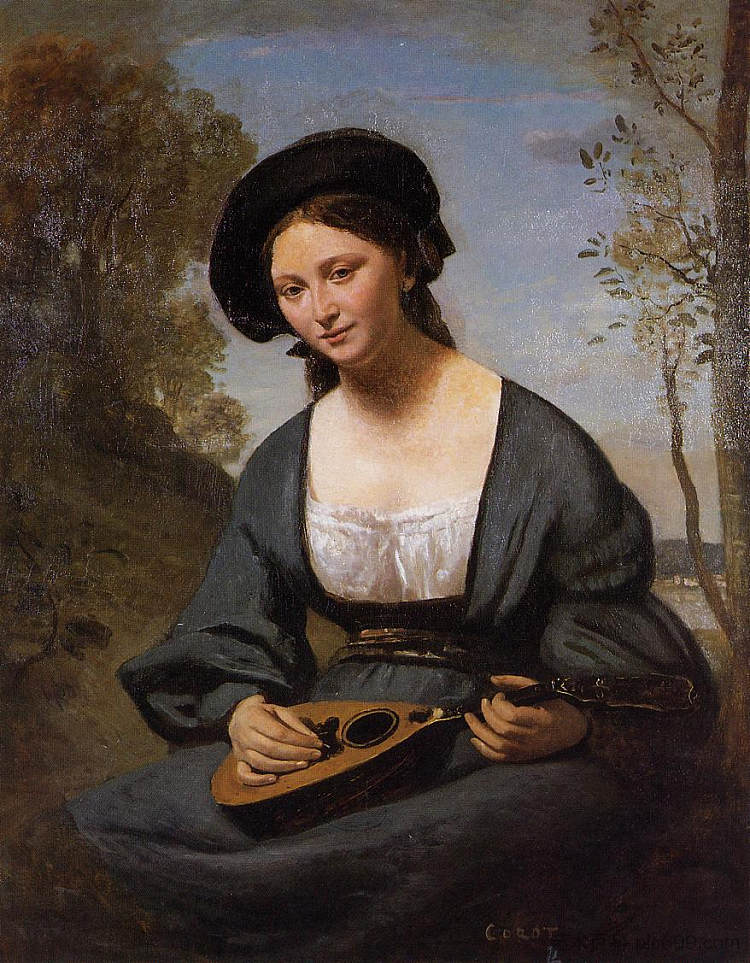 穿着曼陀林的女人 Woman in a Toque with a Mandolin (c.1850 - c.1855)，卡米耶·柯罗