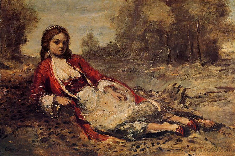 躺在草地上的年轻阿尔及利亚女子 Young Algerian Woman Lying on the Grass (1871 - 1873)，卡米耶·柯罗