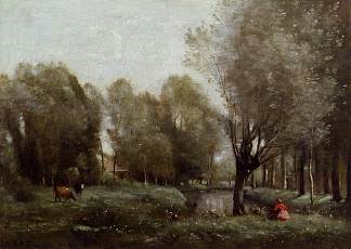 坐在草地上的年轻女孩 Young Girl Seated in a Meadow (1860 – 1865)，卡米耶·柯罗