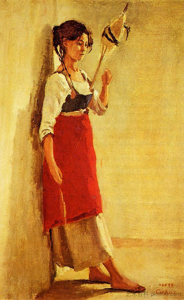 来自帕皮尼奥的年轻意大利女子与她的纺锤 Young Italian Woman from Papigno with Her Spindle (c.1826 - c.1827)，卡米耶·柯罗