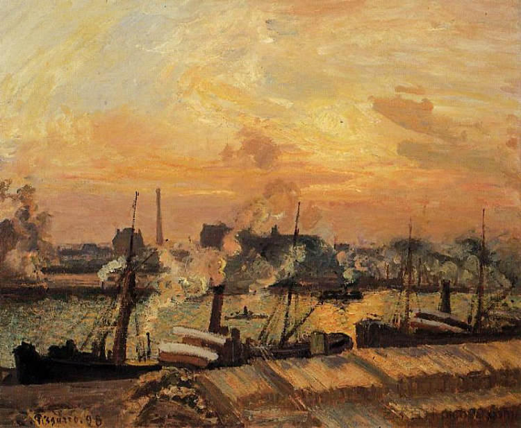 船， 日落， 鲁昂 Boats, Sunset, Rouen (1898)，卡米耶·毕沙罗