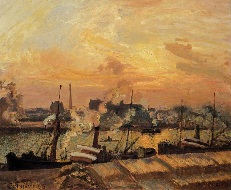 船， 日落， 鲁昂 Boats, Sunset, Rouen (1898)，卡米耶·毕沙罗