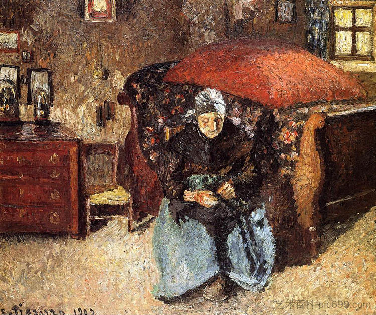 老妇人修补旧衣服，莫雷特 Elderly Woman Mending Old Clothes, Moret (1902)，卡米耶·毕沙罗