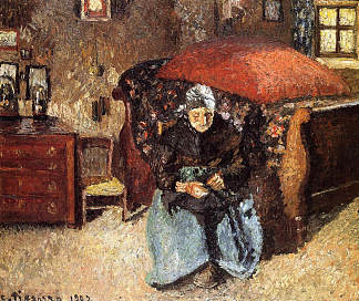 老妇人修补旧衣服，莫雷特 Elderly Woman Mending Old Clothes, Moret (1902)，卡米耶·毕沙罗