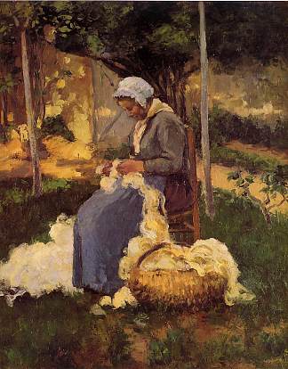 女农民梳理羊毛 Female Peasant Carding Wool (1875)，卡米耶·毕沙罗