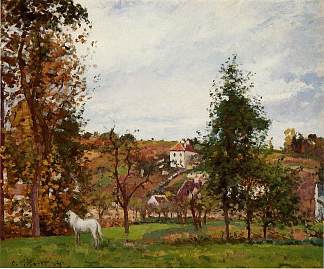 田野里有一匹白马的风景，L’Ermitage Landscape With A White Horse In A Field, L’Ermitage (1872)，卡米耶·毕沙罗