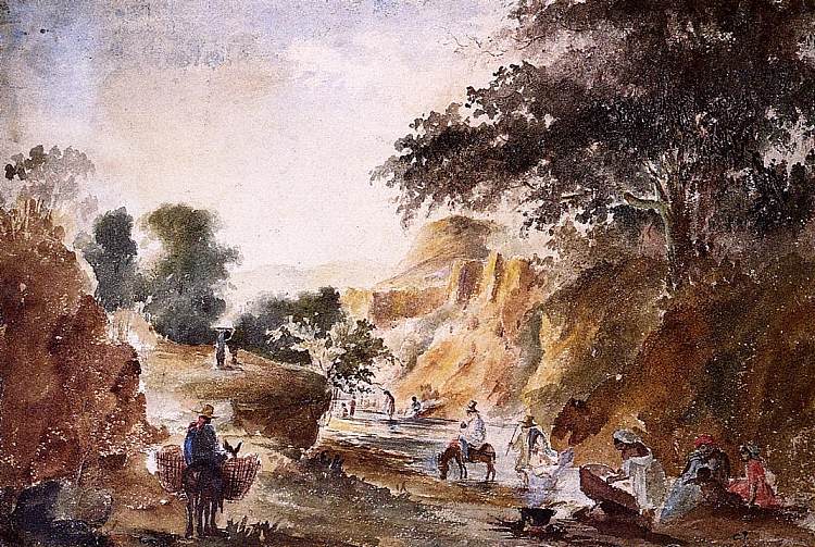 河边的风景与人物 Landscape with Figures by a River (c.1853 - c.1854)，卡米耶·毕沙罗